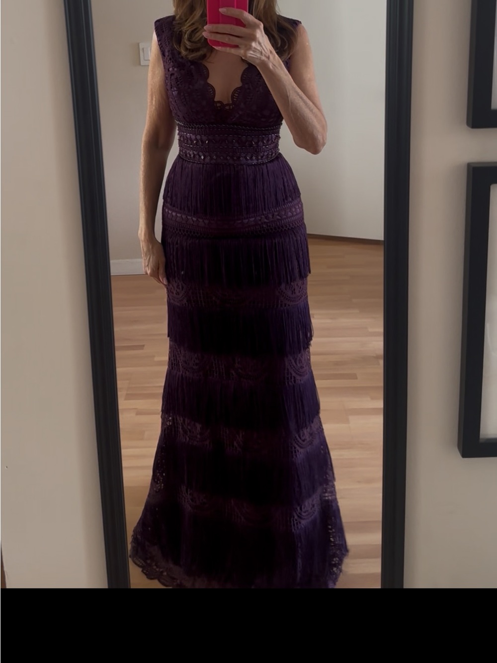 Mac Duggal Plum/Eggplant Lace V-Neck Beaded Fringe Gown S4